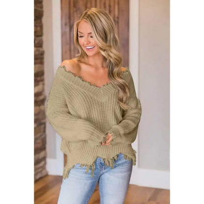 Frayed Hem Dropped Shoulder Sweater - Madi Gray Boutique