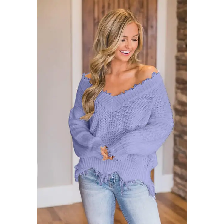 Frayed Hem Dropped Shoulder Sweater - Madi Gray Boutique