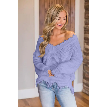 Frayed Hem Dropped Shoulder Sweater - Madi Gray Boutique