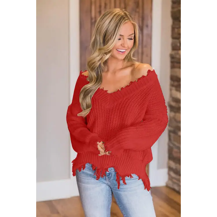 Frayed Hem Dropped Shoulder Sweater - Madi Gray Boutique