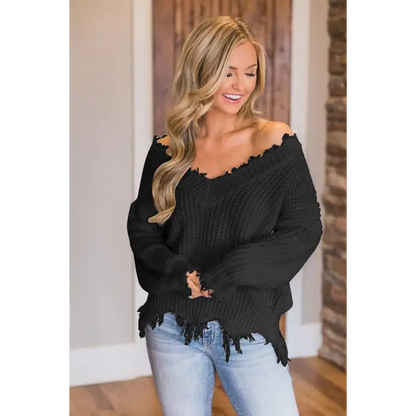 Frayed Hem Dropped Shoulder Sweater - Madi Gray Boutique