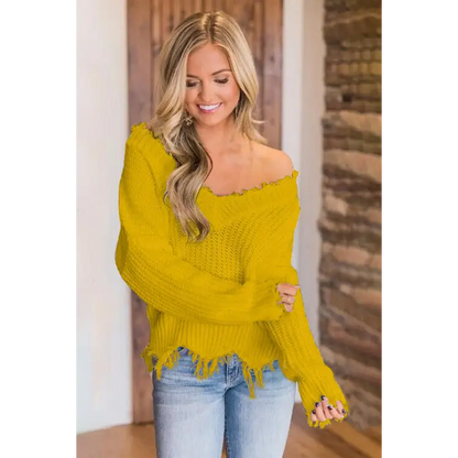 Frayed Hem Dropped Shoulder Sweater - Madi Gray Boutique