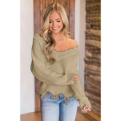 Frayed Hem Dropped Shoulder Sweater - Madi Gray Boutique