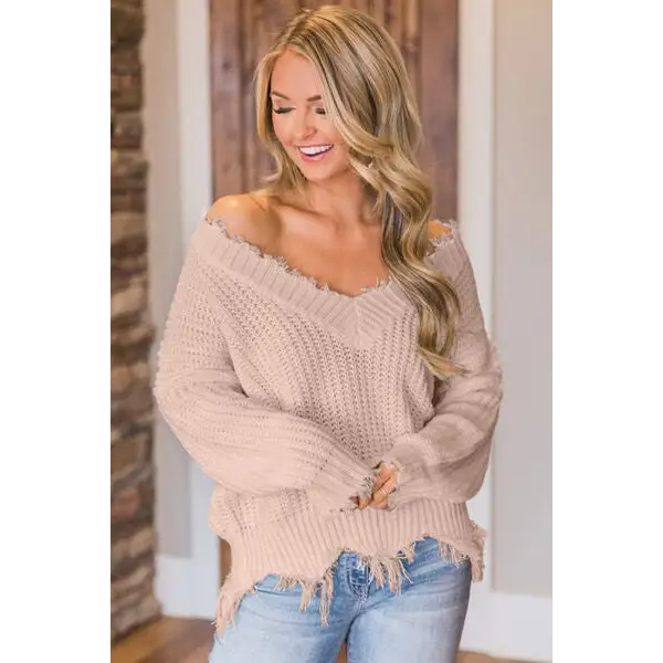 Frayed Hem Dropped Shoulder Sweater - Madi Gray Boutique