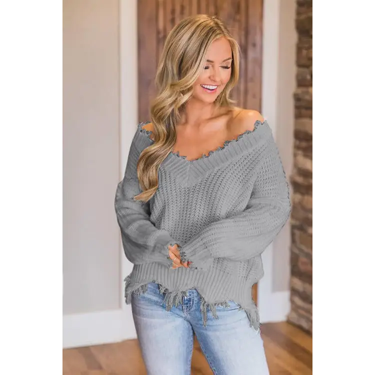 Frayed Hem Dropped Shoulder Sweater - Madi Gray Boutique