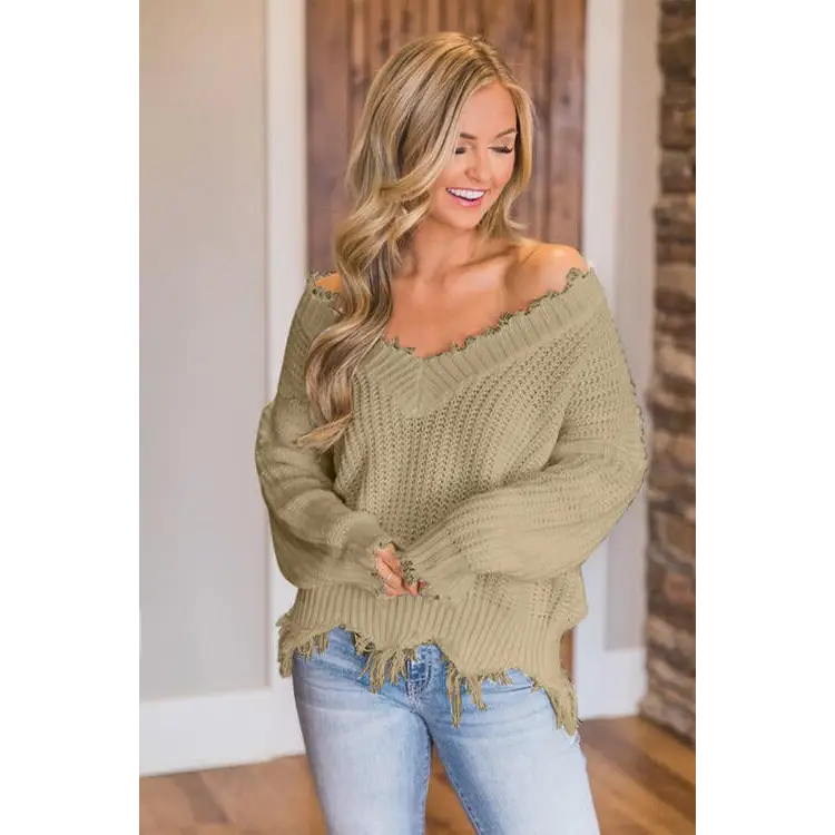 Frayed Hem Dropped Shoulder Sweater - Madi Gray Boutique