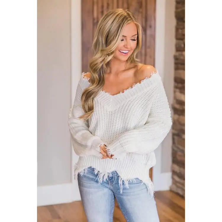 Frayed Hem Dropped Shoulder Sweater - Madi Gray Boutique