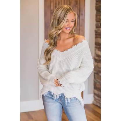 Frayed Hem Dropped Shoulder Sweater - Madi Gray Boutique