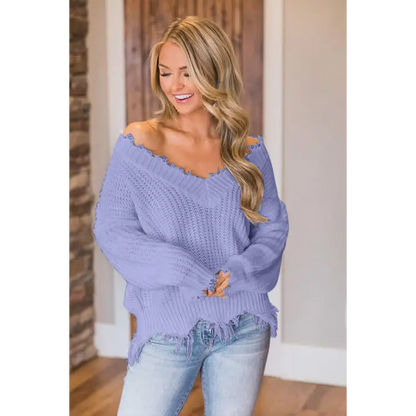 Frayed Hem Dropped Shoulder Sweater - Madi Gray Boutique