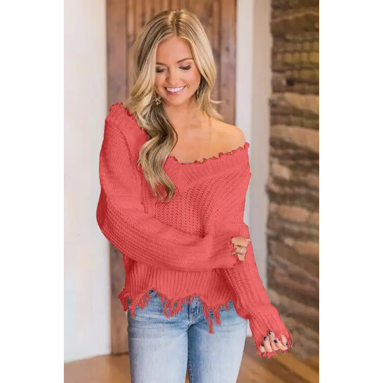 Frayed Hem Dropped Shoulder Sweater - Madi Gray Boutique