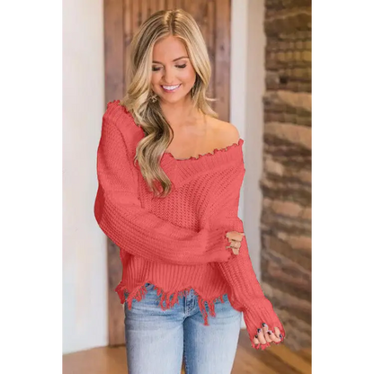 Frayed Hem Dropped Shoulder Sweater - Madi Gray Boutique