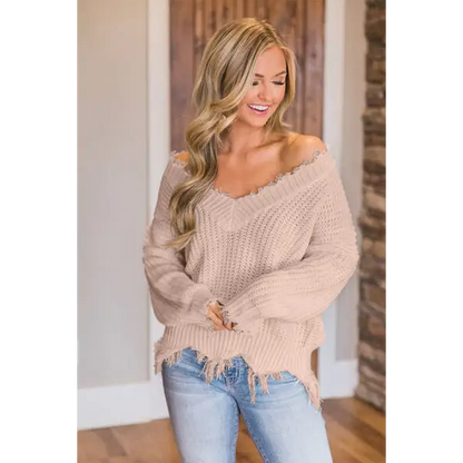 Frayed Hem Dropped Shoulder Sweater - Madi Gray Boutique