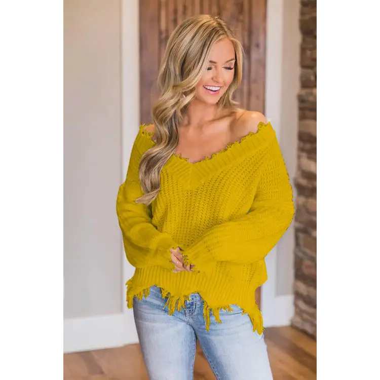 Frayed Hem Dropped Shoulder Sweater - Madi Gray Boutique