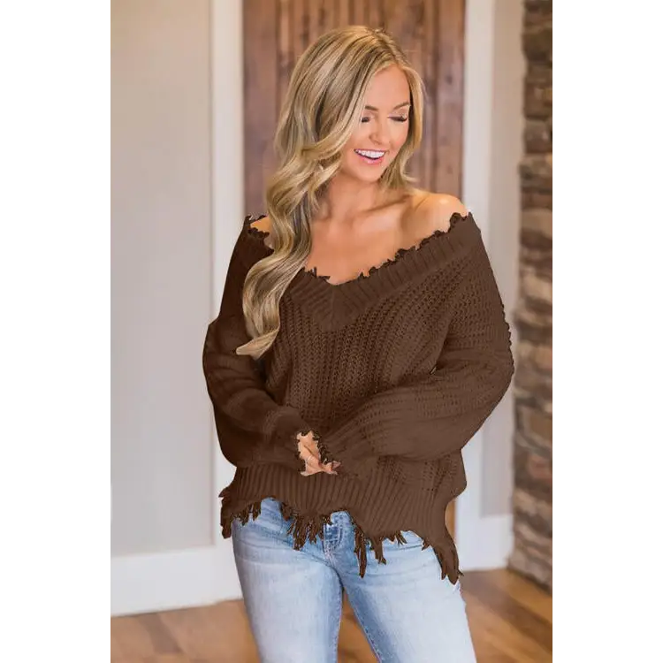 Frayed Hem Dropped Shoulder Sweater - Madi Gray Boutique