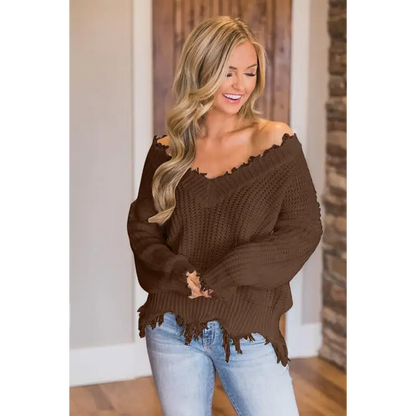 Frayed Hem Dropped Shoulder Sweater - Madi Gray Boutique