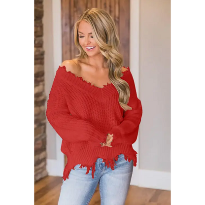 Frayed Hem Dropped Shoulder Sweater - Madi Gray Boutique