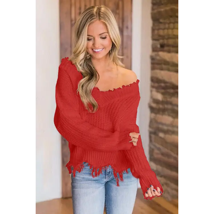 Frayed Hem Dropped Shoulder Sweater - Madi Gray Boutique