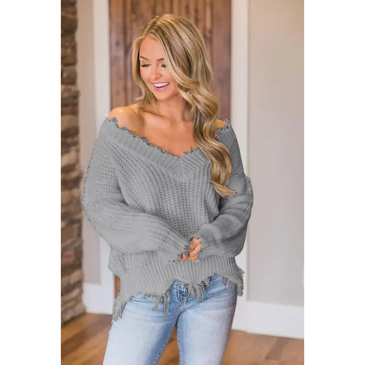 Frayed Hem Dropped Shoulder Sweater - Madi Gray Boutique