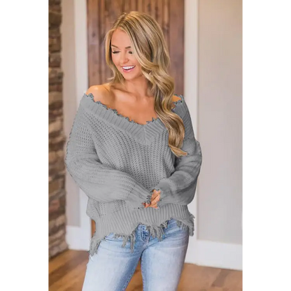 Frayed Hem Dropped Shoulder Sweater - Madi Gray Boutique