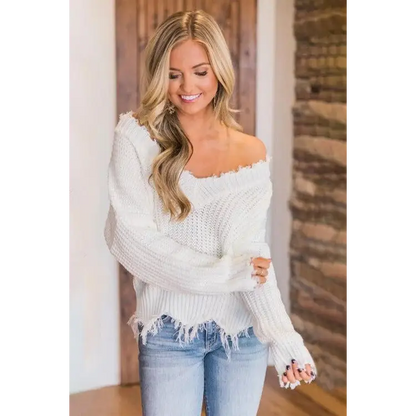 Frayed Hem Dropped Shoulder Sweater - Madi Gray Boutique