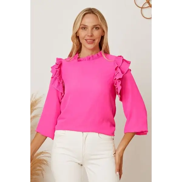 Frill Ruffled Three-Quarter Sleeve Blouse - Hot Pink / S - Tops