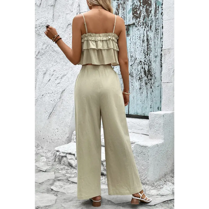 Frill Trim Cami and Wide Leg Pants Set - Madi Gray Boutique