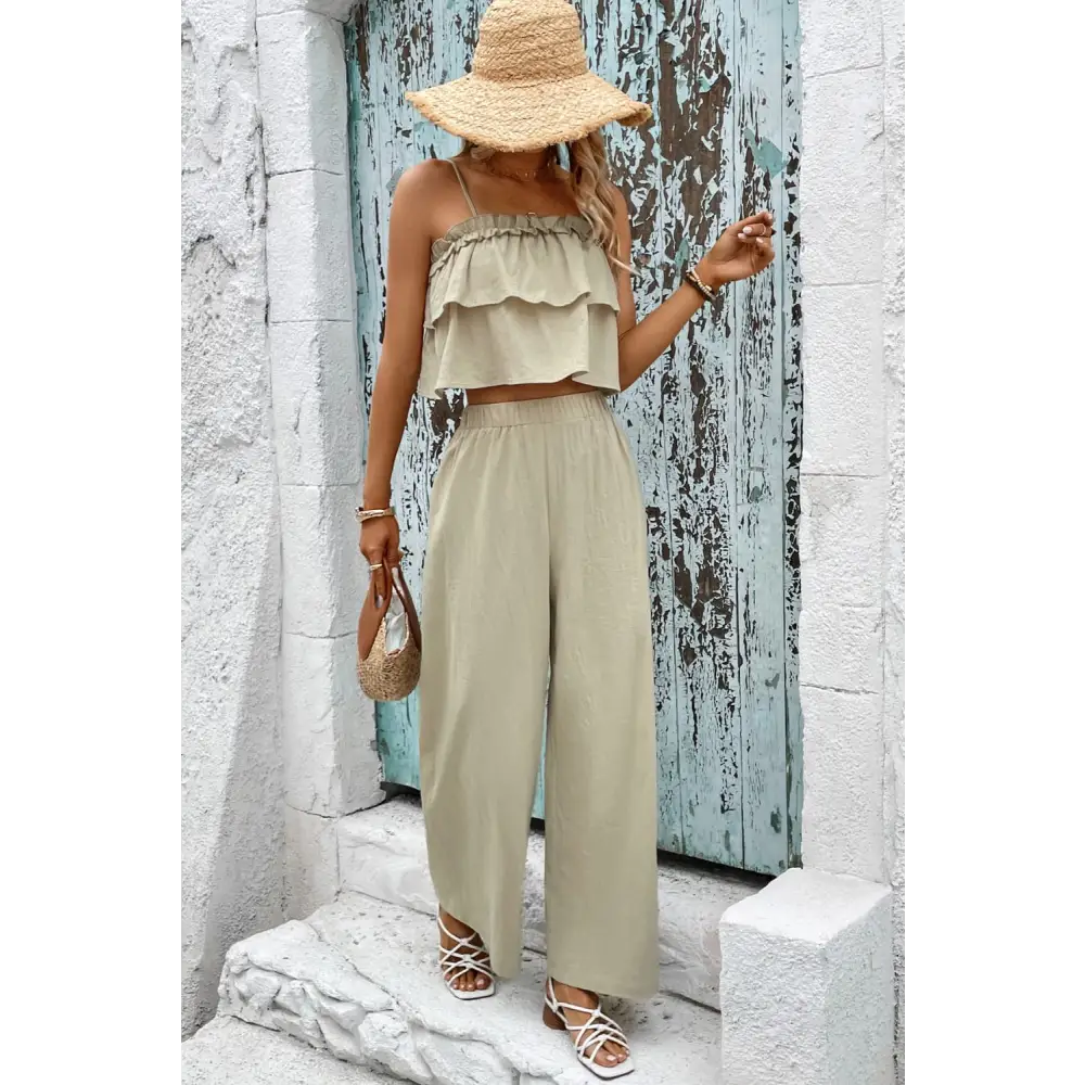 Frill Trim Cami and Wide Leg Pants Set - Madi Gray Boutique