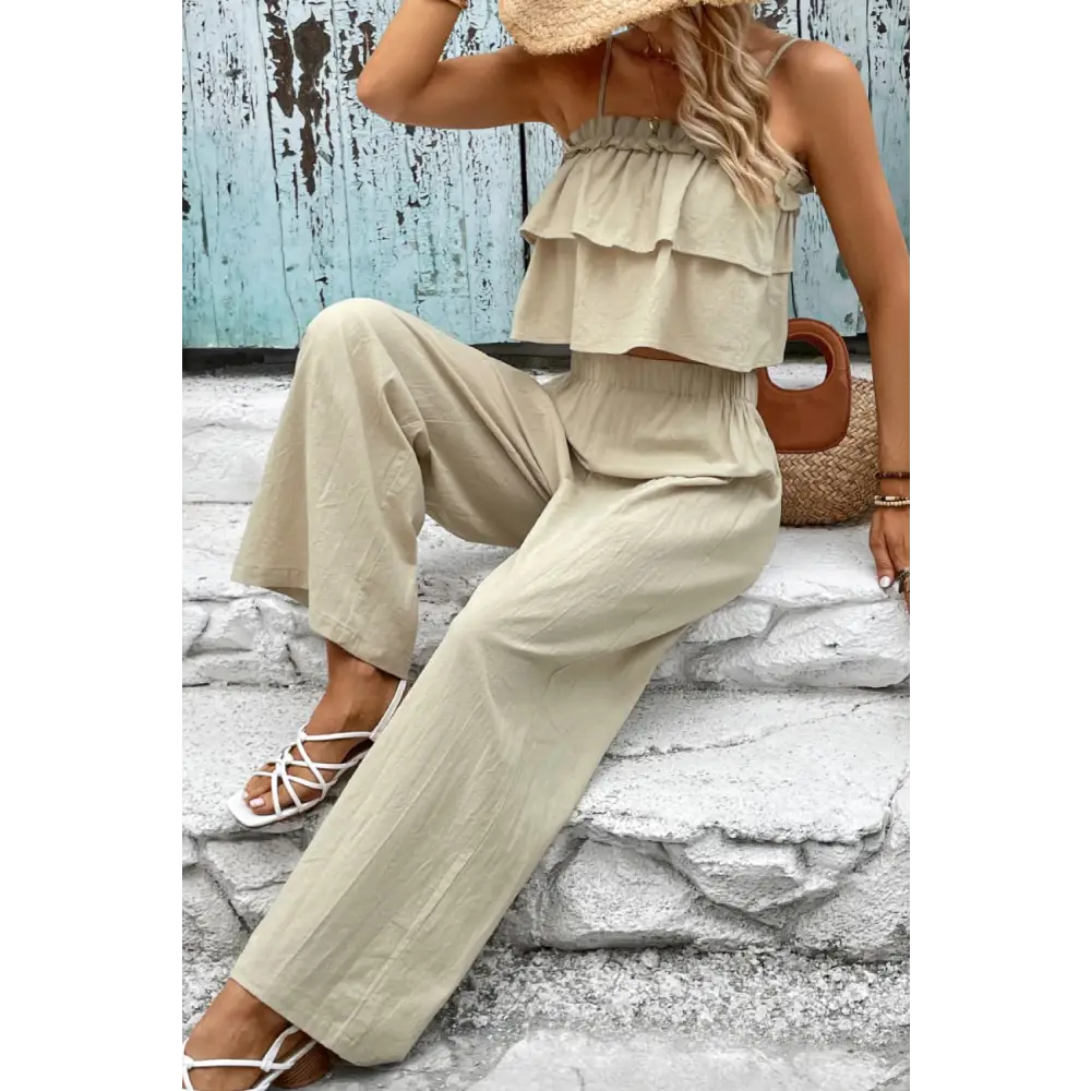 Frill Trim Cami and Wide Leg Pants Set - Madi Gray Boutique