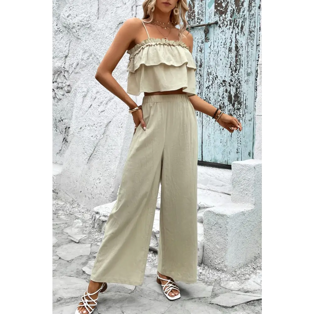 Frill Trim Cami and Wide Leg Pants Set - Madi Gray Boutique