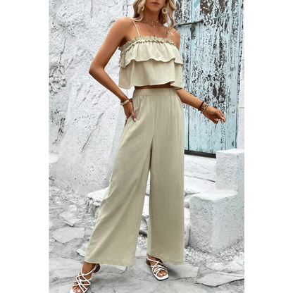 Frill Trim Cami and Wide Leg Pants Set - Madi Gray Boutique