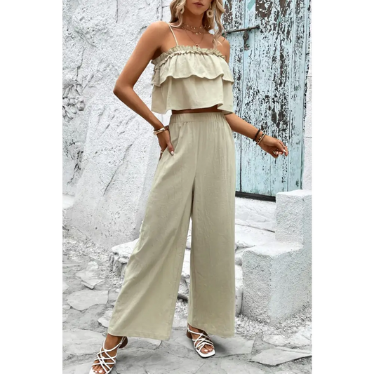 Frill Trim Cami and Wide Leg Pants Set - Madi Gray Boutique