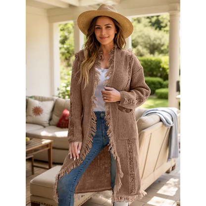 Fringe Open Front Long Sleeve Cardigan - Camel / One Size - Tops