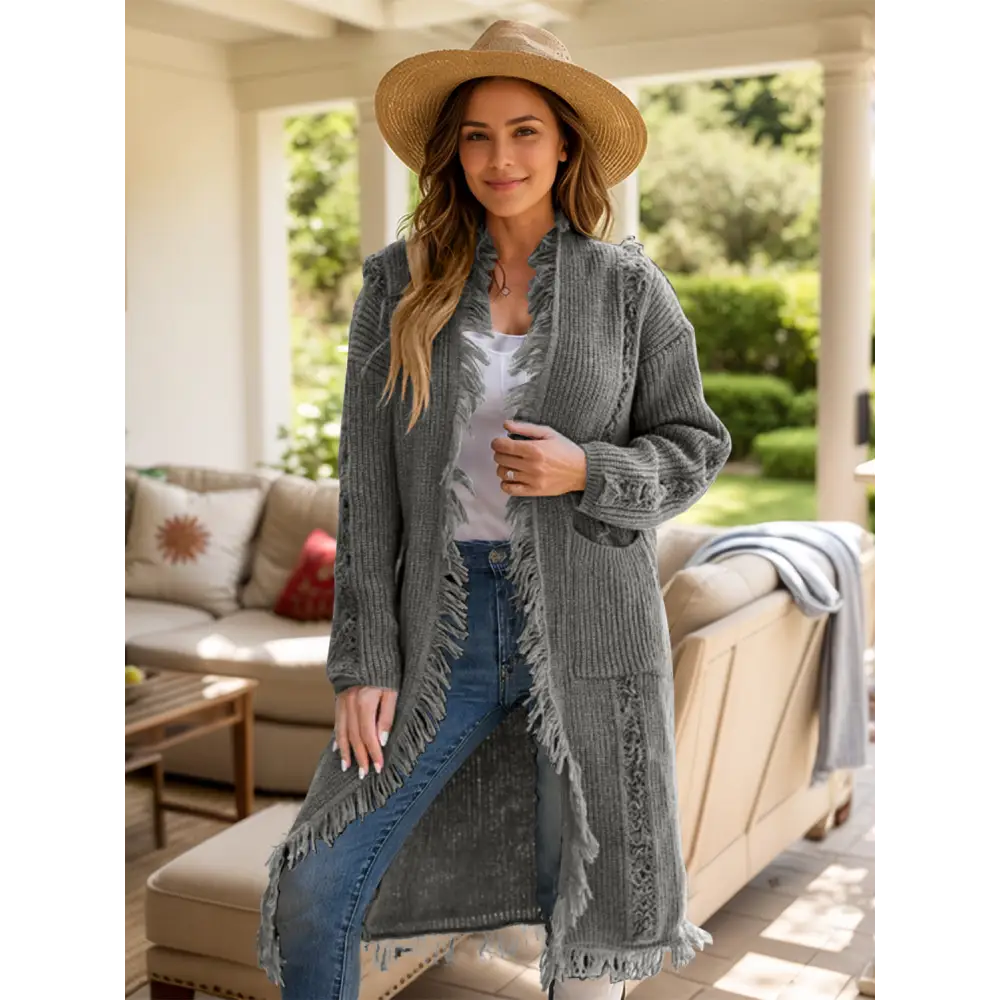 Fringe Open Front Long Sleeve Cardigan - Gray / One Size - Tops