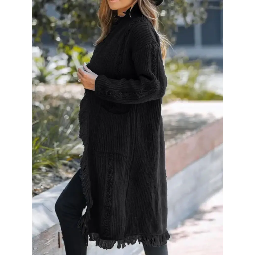 Fringe Open Front Long Sleeve Cardigan - Tops