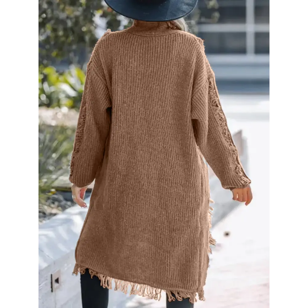 Fringe Open Front Long Sleeve Cardigan - Tops