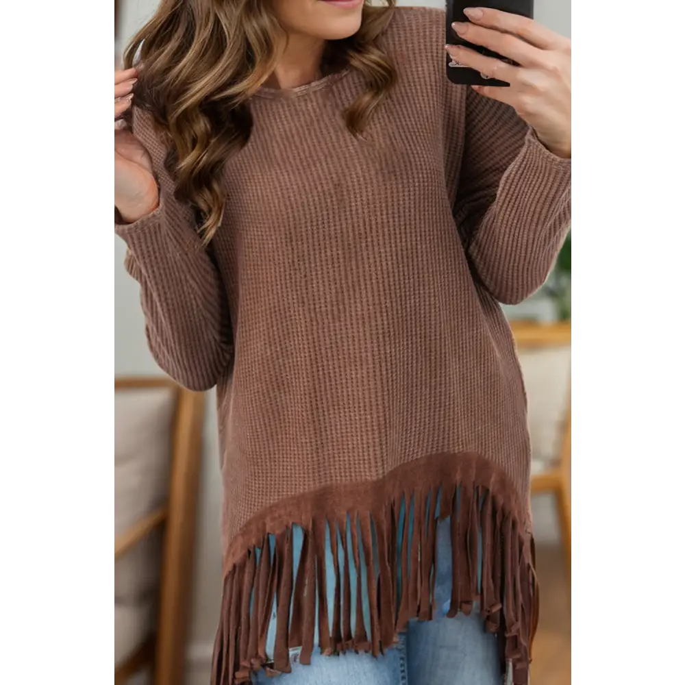 Fringe Round Neck Long Sleeve Top - Brown / S - Tops