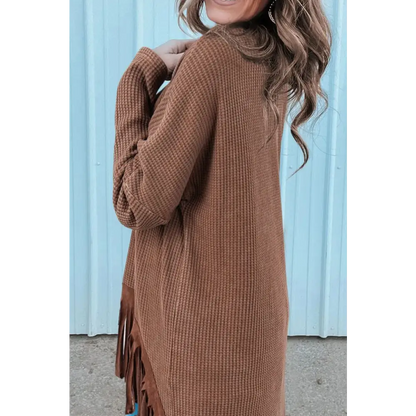 Fringe Round Neck Long Sleeve Top - Tops