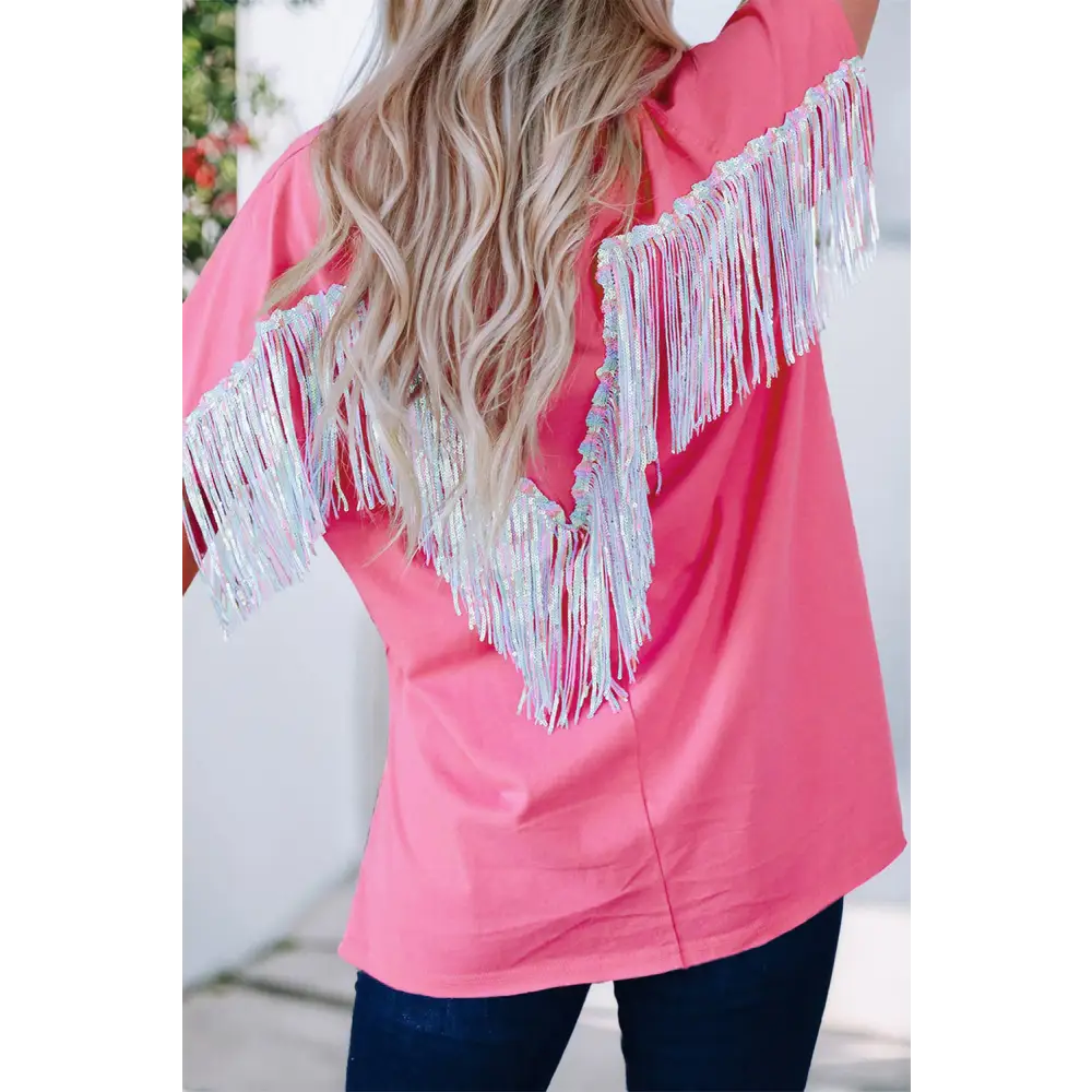 Fringe Round Neck Short Sleeve T-Shirt - Pink / S - Tops