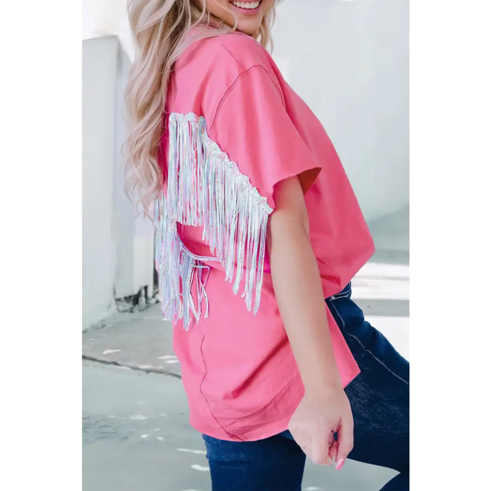 Fringe Round Neck Short Sleeve T-Shirt - Tops