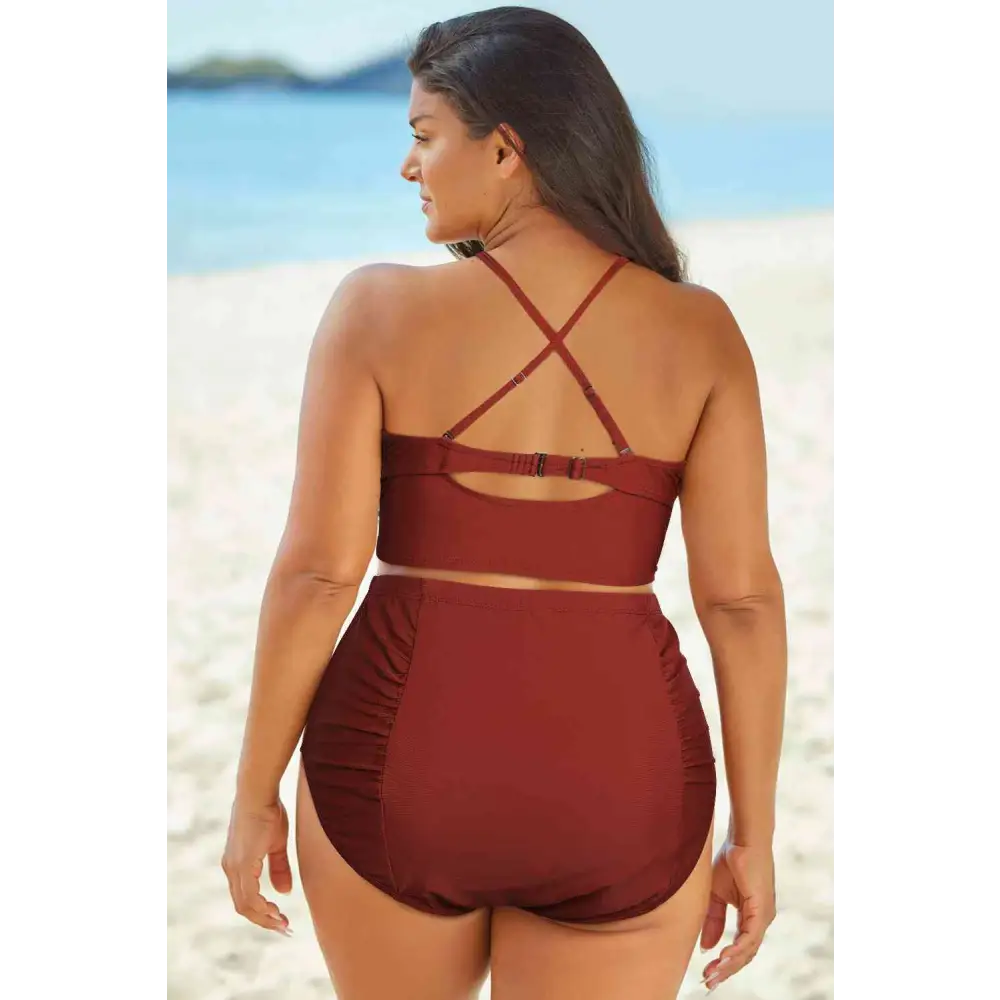 Full Size Halter Neck Crisscross Ruched Two-Piece Swimsuit