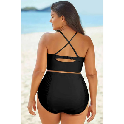 Full Size Halter Neck Crisscross Ruched Two-Piece Swimsuit