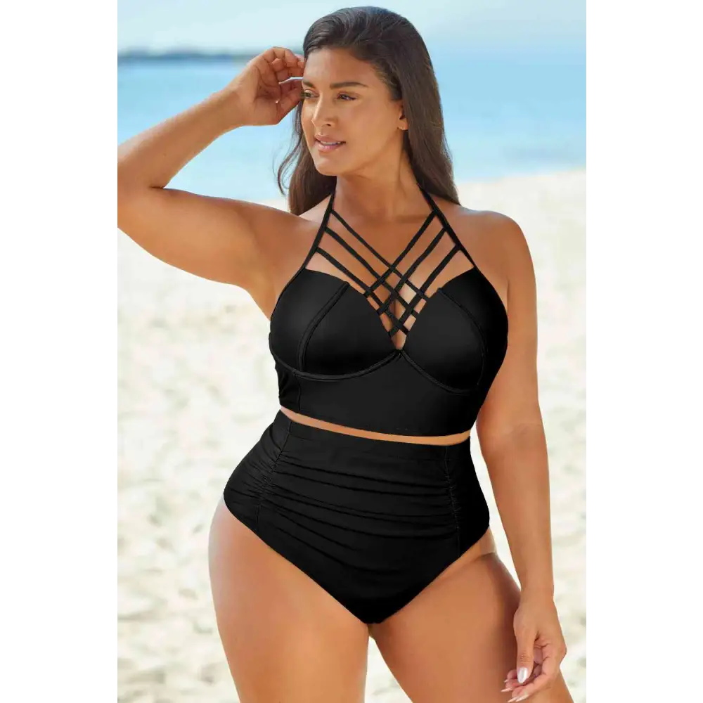 Full Size Halter Neck Crisscross Ruched Two-Piece Swimsuit - Black / M