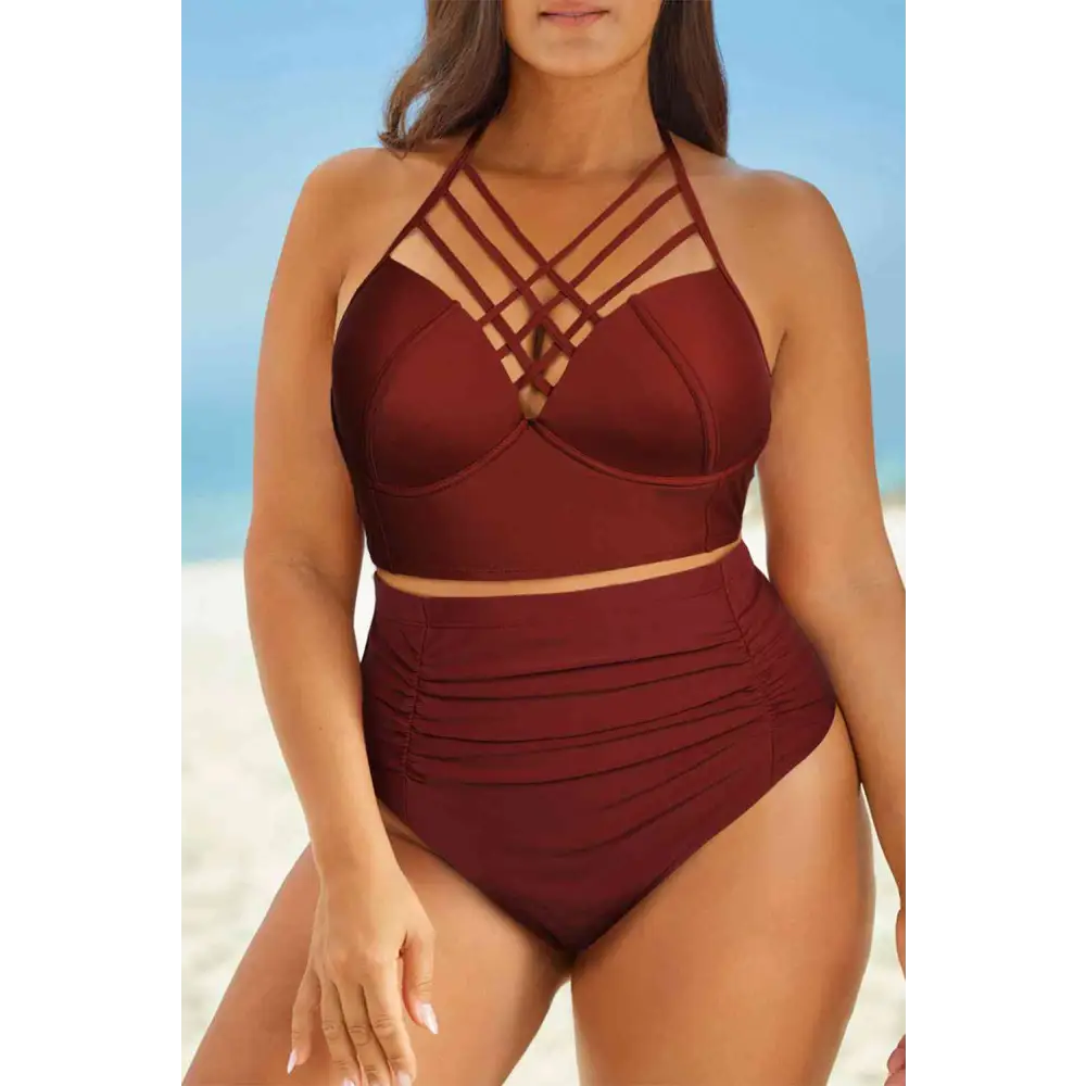 Full Size Halter Neck Crisscross Ruched Two-Piece Swimsuit - Brick Red / M