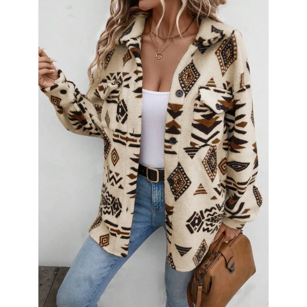 Geometric Button Up Dropped Shoulder Jacket - Tan / S - Tops