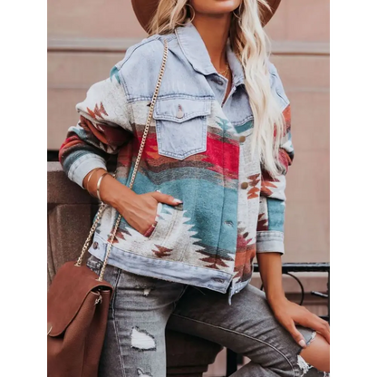 Geometric Button Up Long Sleeve Denim Jacket - Tops