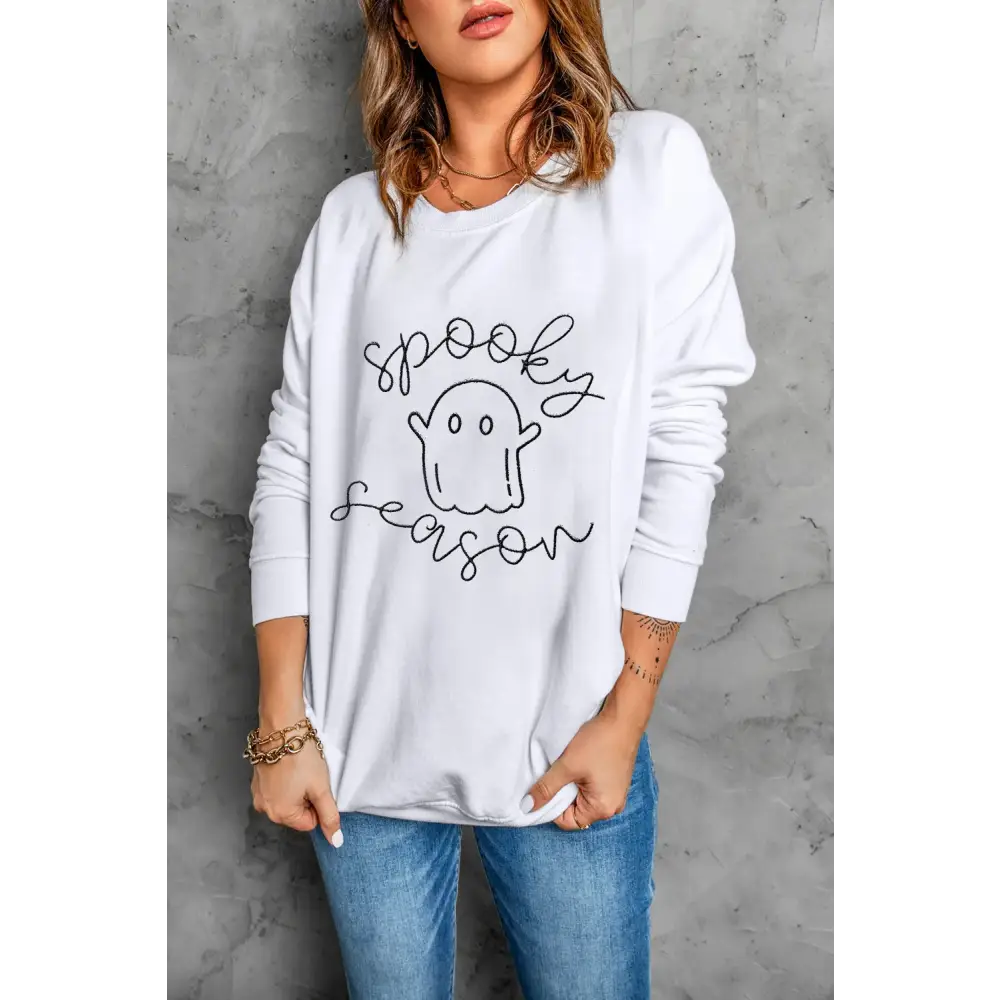 Ghost Graphic Long Sleeve Dropped Shoulder Sweatshirt - White / S - Tops