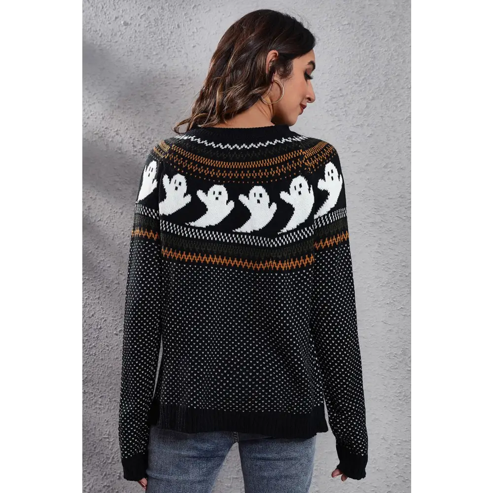 Ghost Pattern Round Neck Long Sleeve Sweater - Madi Gray Boutique