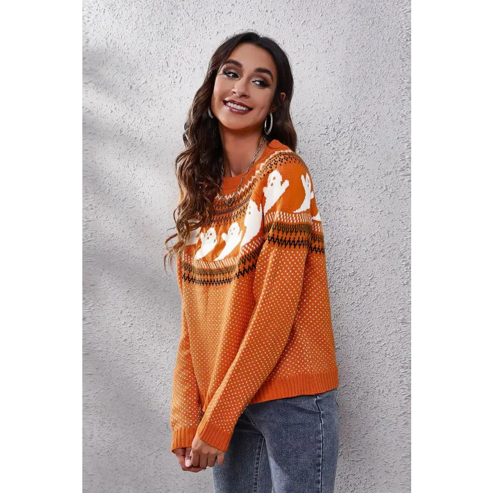 Ghost Pattern Round Neck Long Sleeve Sweater - Madi Gray Boutique