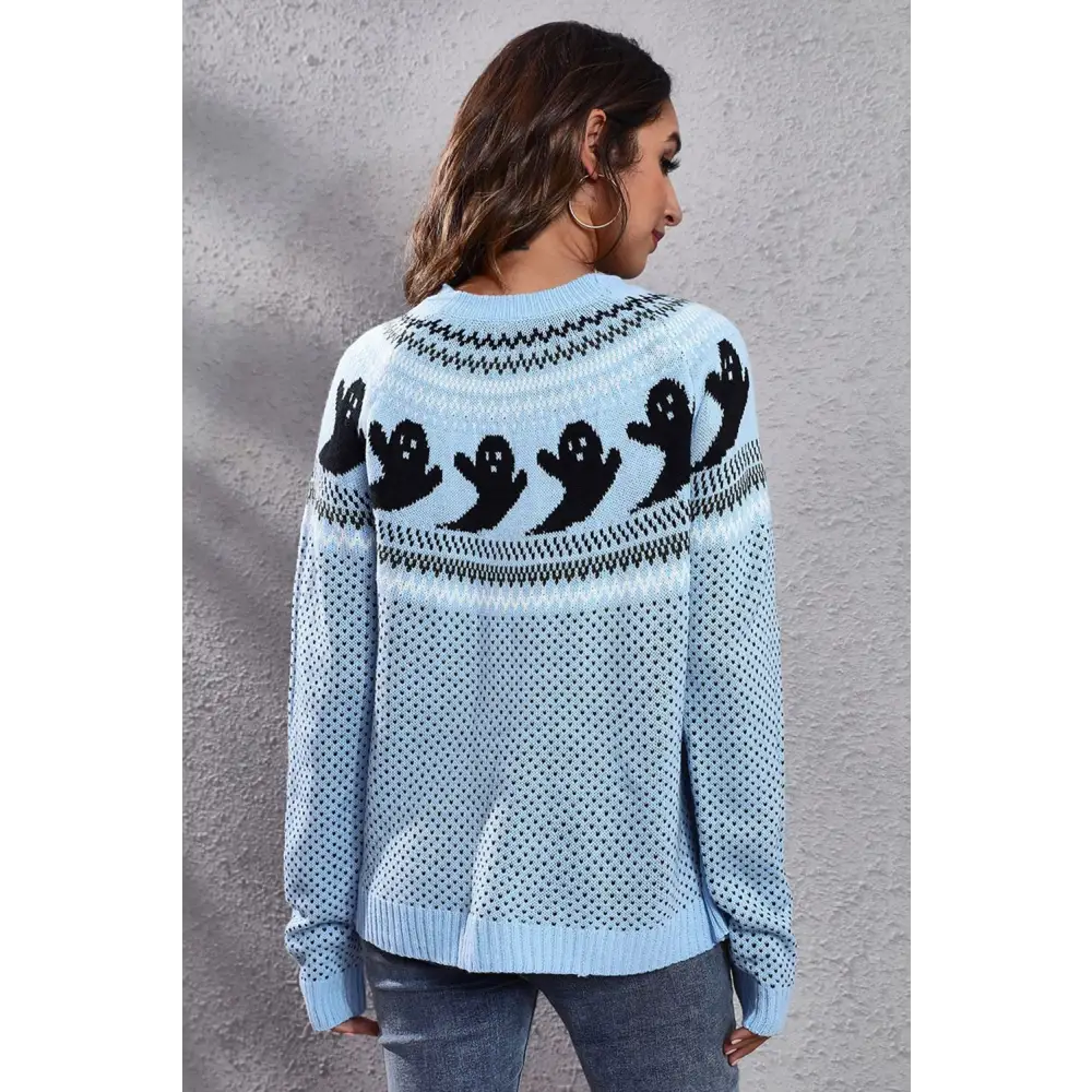 Ghost Pattern Round Neck Long Sleeve Sweater - Madi Gray Boutique