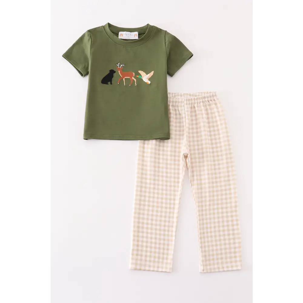 Gingham hunting embroidery boy set - Set